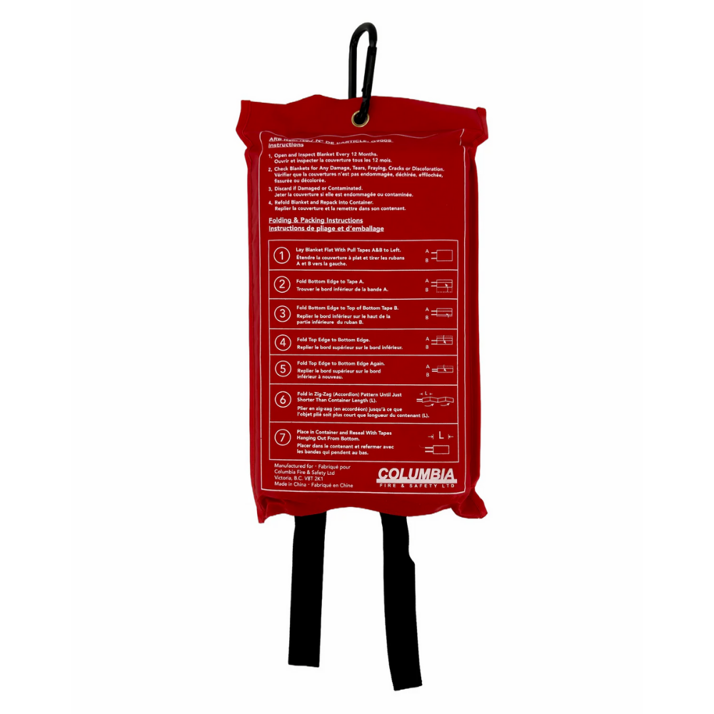 LEO emergency fiberglass fire blanket enclosed in a red hanging pouch with a black carabiner clip.