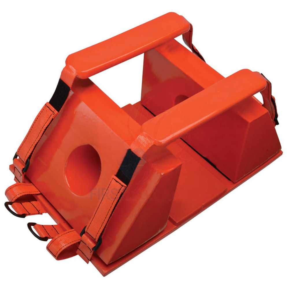 Side view of a red foam support block from the LEO head immobilizer kit showing the circular ear hole design
