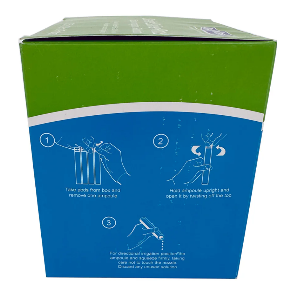 A single strip of 5 connected 20ml LEO sterile saline pods for quick-use first aid eye flushing and wound care