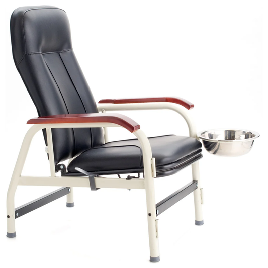 Side view of a blue LEO clinical examination chair highlighting the plumbing and integrated wash basin setup.
