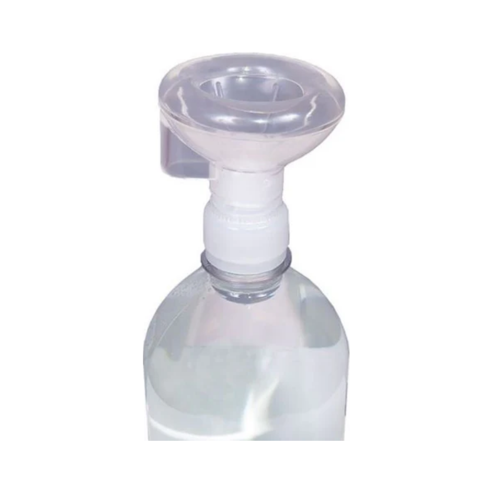 Close-up view of the green eye cup applicator and twist-off cap assembly on a 500ml LEO Ripple FX eye rinse bottle.