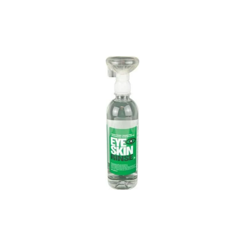 Front view of the 500ml LEO Eye Rinse Ripple FX emergency eyewash bottle featuring a green integrated eye cup.