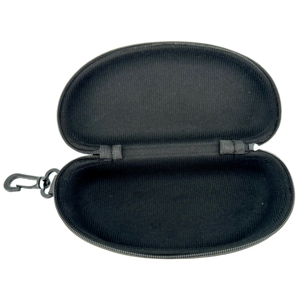 Top angle view of the black LEO protective eyewear zipper hard case with an embossed texture surface.
