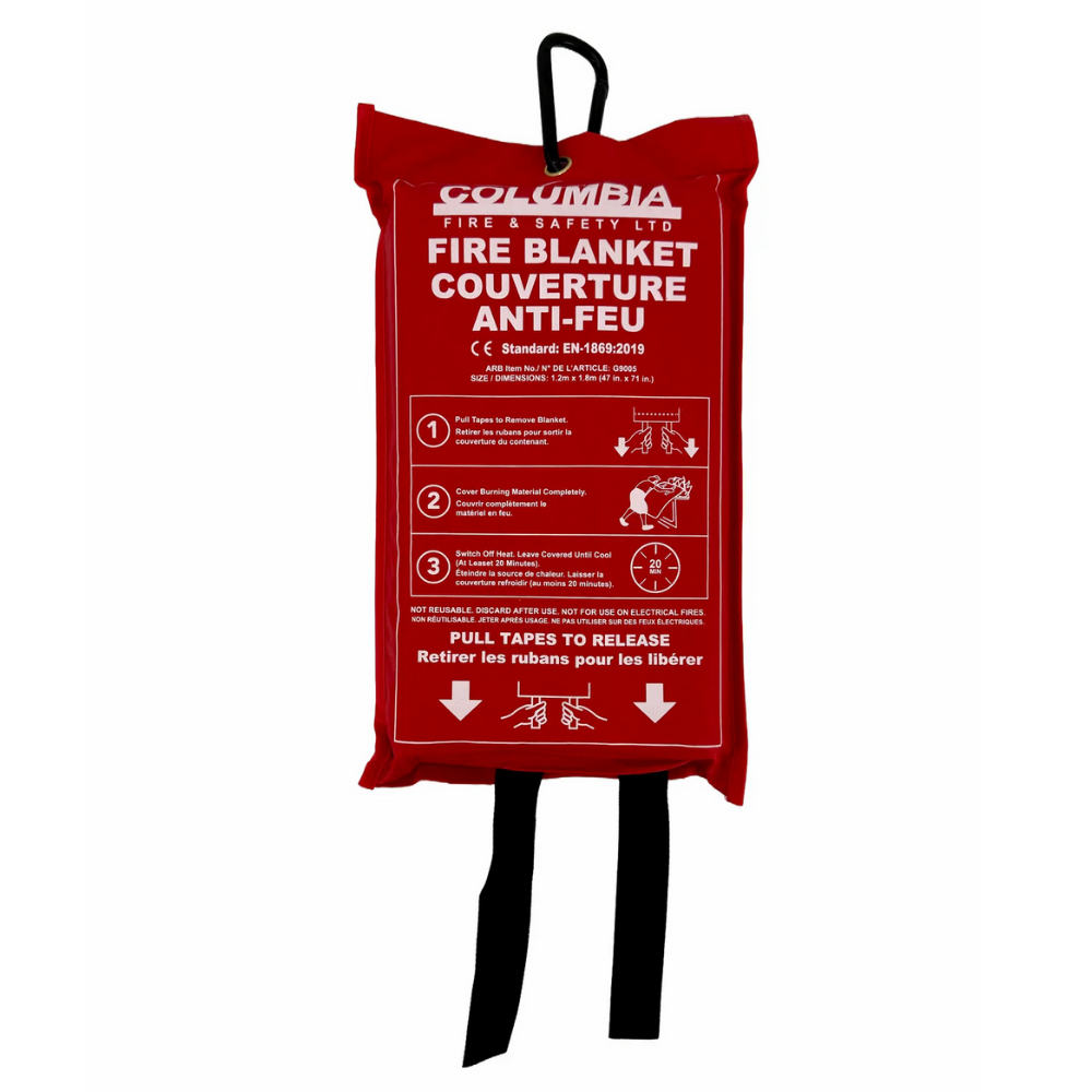 Bottom view of the LEO fire blanket pouch showing two black quick-release pull straps for emergency deploy.