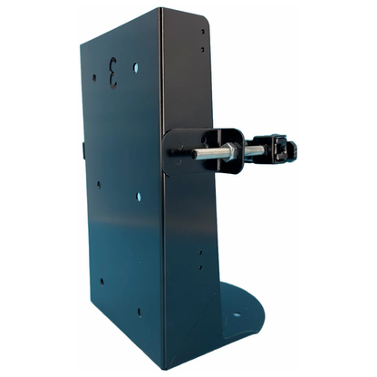 Left side profile of a black LEO 20lbs fire extinguisher mount showing the heavy-duty adjustment bolt.