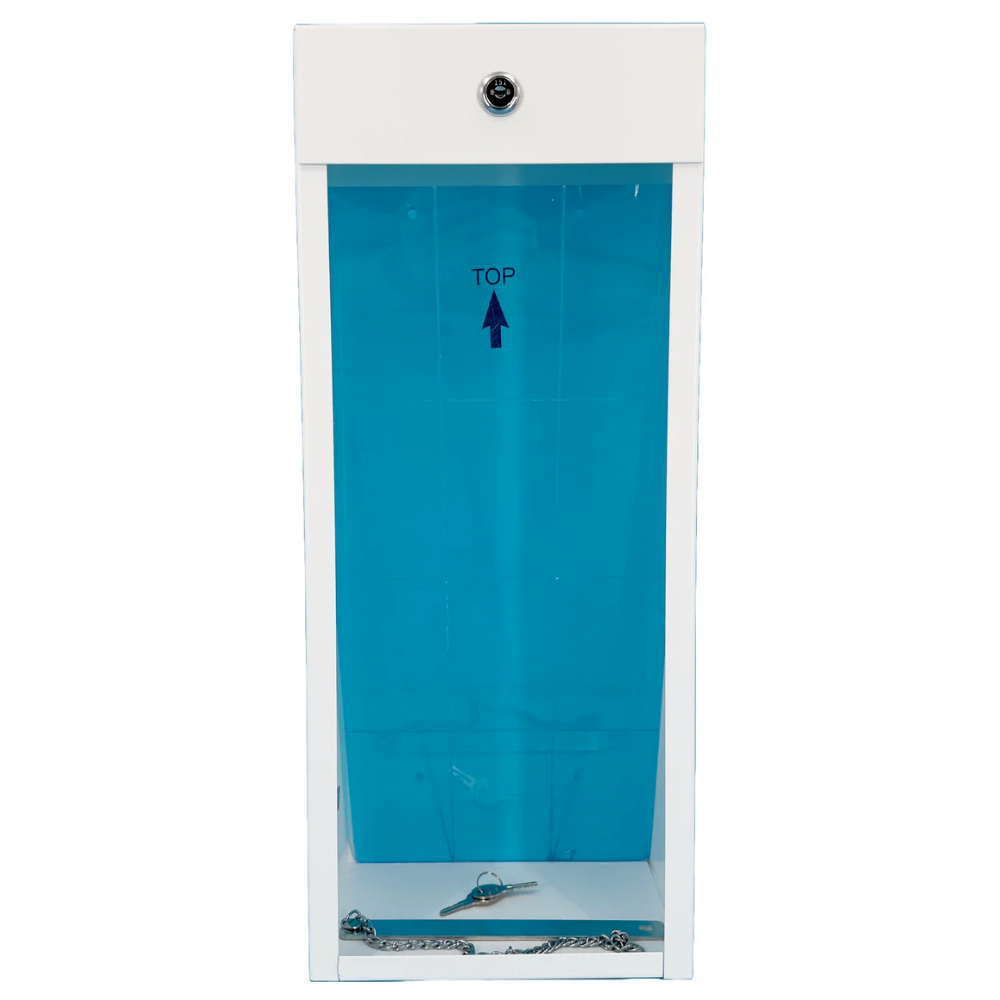 Back view of a white LEO fire extinguisher metal cabinet showing pre-drilled wall mounting holes.