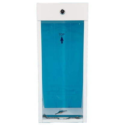 Back view of a white LEO fire extinguisher metal cabinet showing pre-drilled wall mounting holes.