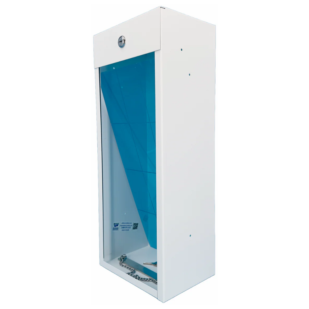 Left perspective angle of a white LEO surface-mount fire extinguisher storage cabinet.