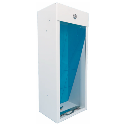Right perspective angle of a secure LEO metal fire extinguisher wall case with a key lock.