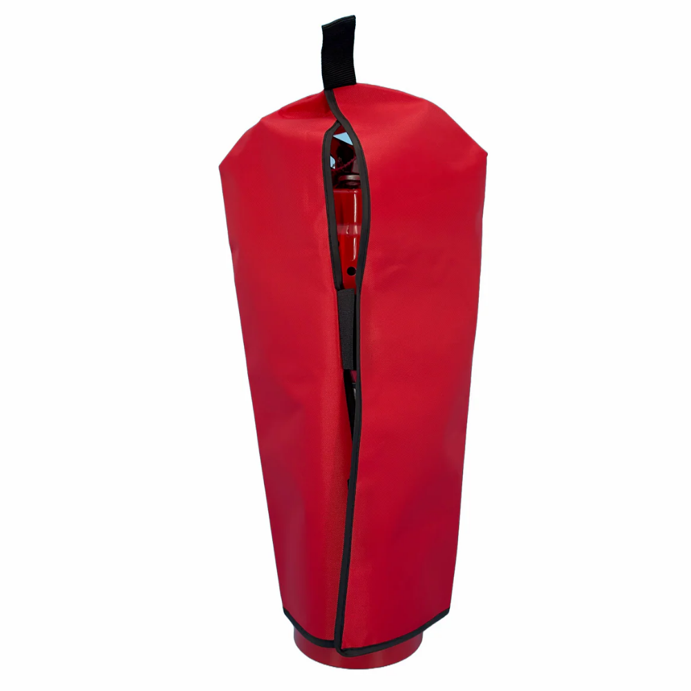Front view of a red LEO fire extinguisher cover featuring a clear inspection window and bold safety text.