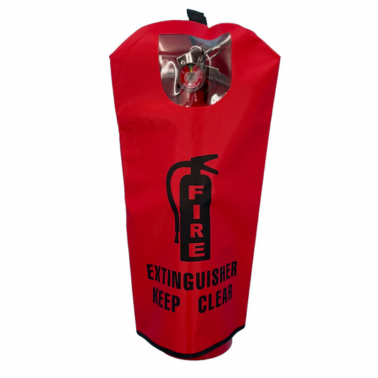 Back view of a red LEO protective fire extinguisher sleeve showing the quick-release hook and loop closure.