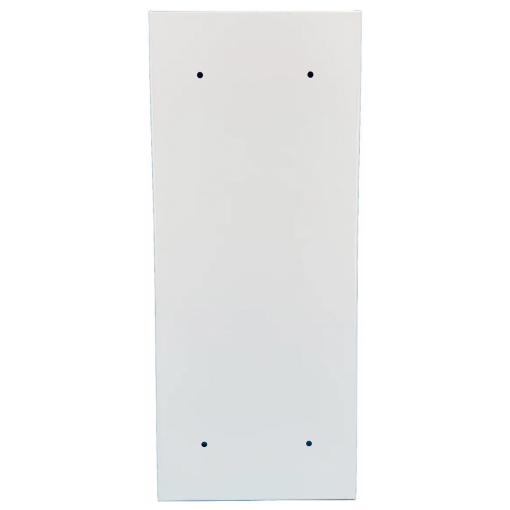 Front view of a white LEO fire extinguisher metal cabinet with a clear window and lock keys.