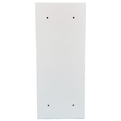 Front view of a white LEO fire extinguisher metal cabinet with a clear window and lock keys.