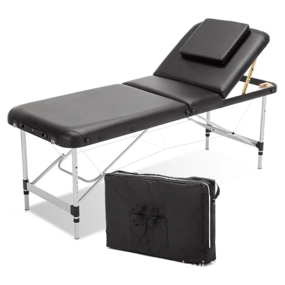 LEO medical examination bed couch for first aid rooms featuring a black upholstered top and a sturdy steel frame base.