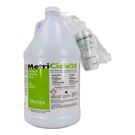 MetriCide 28-day 2% glutaraldehyde sterilizing and disinfecting solution 4L jug with attached Activator Plus bottle.