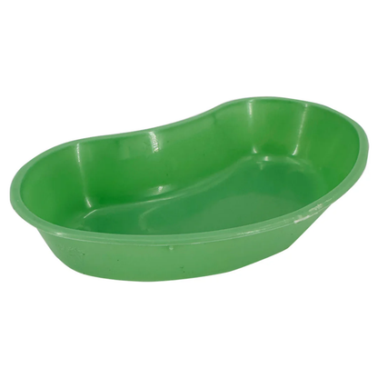 Angled side view of a reusable green plastic LEO emesis basin for surgical or clinical use