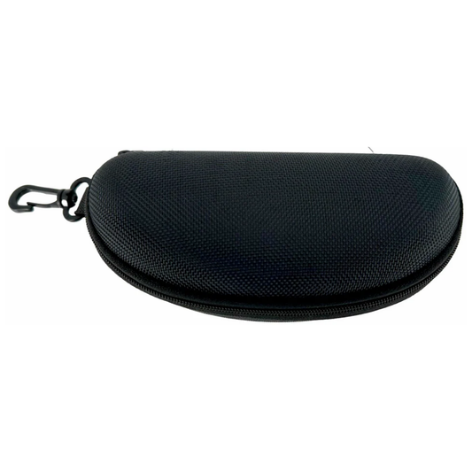 Closed view of the sleek black LEO hard case for safety glasses featuring a rigid protective outer shell