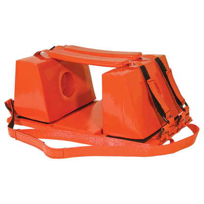 Component view of the red LEO head immobilizer showing the base plate, side support blocks, and hook-and-loop straps.
