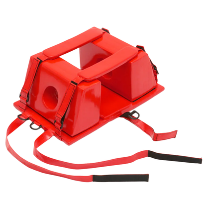 Rear view of the red LEO head immobilizer base plate highlighting the heavy-duty attachment straps for scoop stretchers.