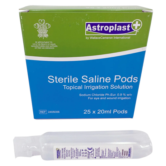 Single 20ml LEO sterile saline pod with an ergonomic twist-cap design for precision first aid eye wash rinsing.