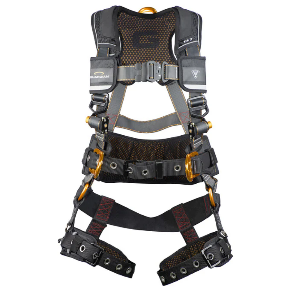 Front view of the LEO K-3740078 fall protection safety harness featuring high-visibility green webbing, adjustable pass-through buckles, and a pelvic strap.