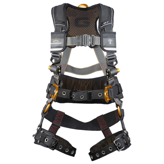 Front view of the LEO K-3740078 fall protection safety harness featuring high-visibility green webbing, adjustable pass-through buckles, and a pelvic strap.