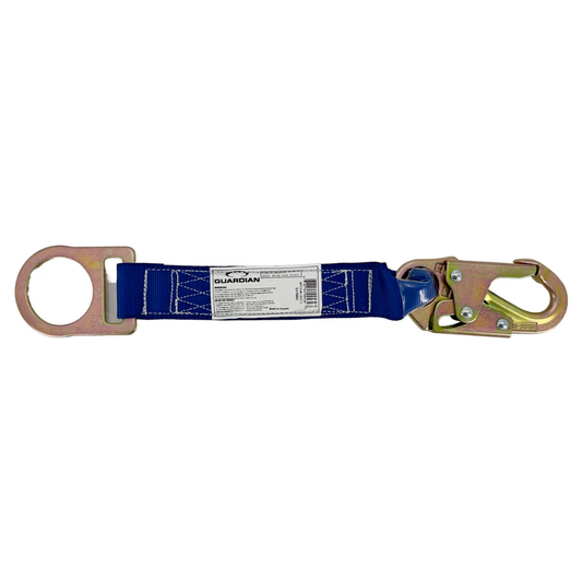 The LEO K-NH-140 18-inch non-shock absorbing D-ring extension lanyard featuring heavy-duty safety webbing, a gold snap hook, and a forged steel D-ring.