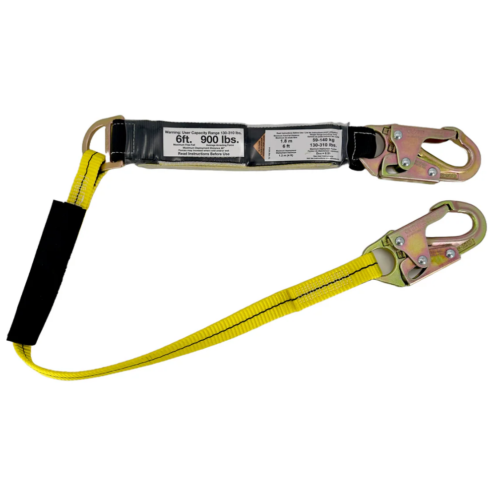 The LEO K-NLO1PW01-4S 4-foot energy-absorbing fall protection lanyard featuring heavy-duty yellow safety webbing, integrated shock pack, and dual snap hooks.