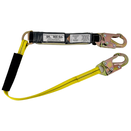 The LEO K-NLO1PW01-4S 4-foot energy-absorbing fall protection lanyard featuring heavy-duty yellow safety webbing, integrated shock pack, and dual snap hooks.