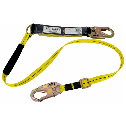 The LEO K-NLO1PW01-6AS adjustable 4-to-6-foot personal fall protection lanyard featuring an integrated deceleration shock pack and dual steel snap hooks.
