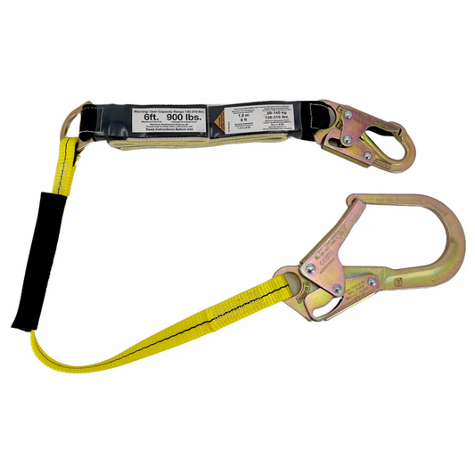 The LEO K-NLO1PW03-4S 4-foot energy-absorbing personal fall protection lanyard featuring heavy-duty safety webbing, an integrated shock pack, and a large rebar hook.