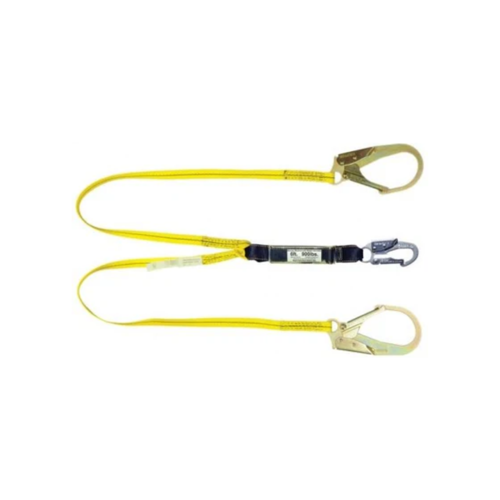 The LEO K-NLO1PW03-4Y 4-foot twin-leg Y-lanyard featuring high-visibility safety webbing, an integrated shock pack, and large rebar hooks.