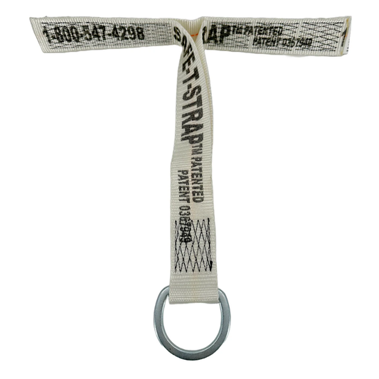 The LEO K-RR-01 Safe-T-Strap reroof safety anchor extension featuring high-tensile black fall protection webbing and a heavy-duty forged steel D-ring connector.