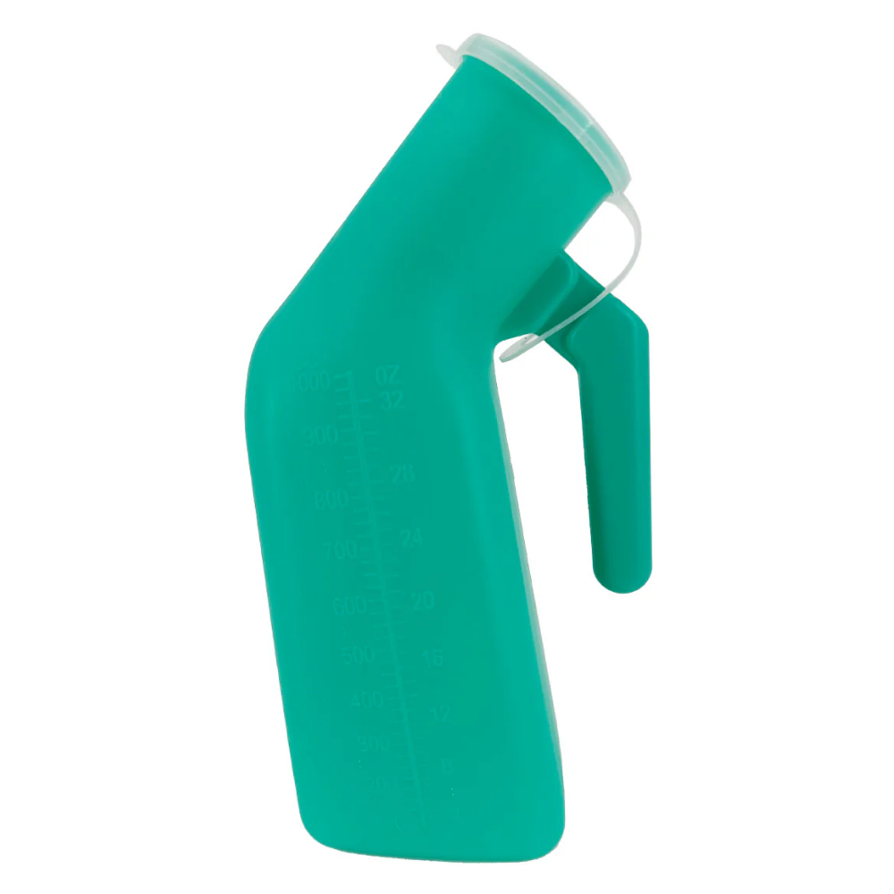 Front view of the LEO L-025-142 handheld plastic male urinal bottle, featuring a contoured grip handle and attached blue snap-on cover.