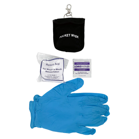 The LEO L-12-10-65 CPR barrier shield kit featuring a transparent face shield with an integrated one-way valve and a pair of protective vinyl gloves.