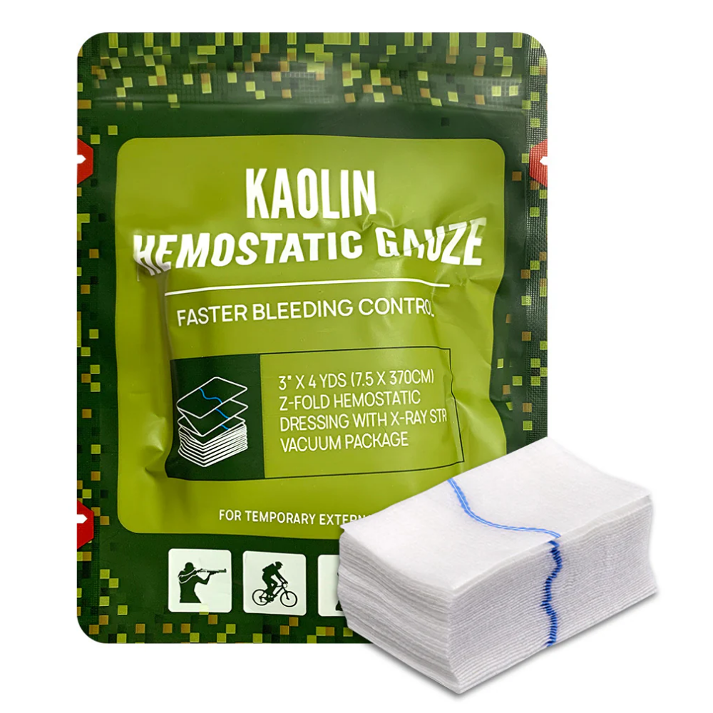 LEO L-12041 Kaolin Hemostatic Gauze 3x145 Z-fold pack with gauze unfolded