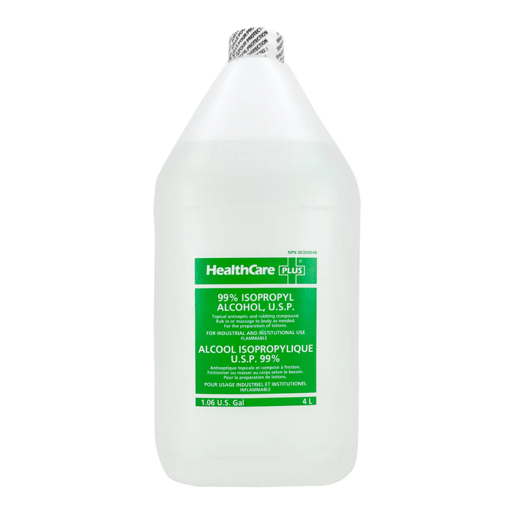 A 4-liter industrial-sized jug of LEO L-12241 Isopropyl Alcohol 99% for professional cleaning and disinfection.