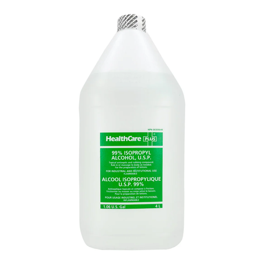 A 4-liter industrial-sized jug of LEO L-12241 Isopropyl Alcohol 99% for professional cleaning and disinfection.