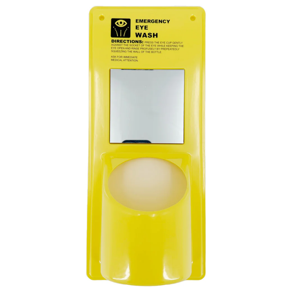 Front view of the high-visibility safety yellow LEO L-12266 emergency eye wash station panel featuring a molded bottle bracket arm.