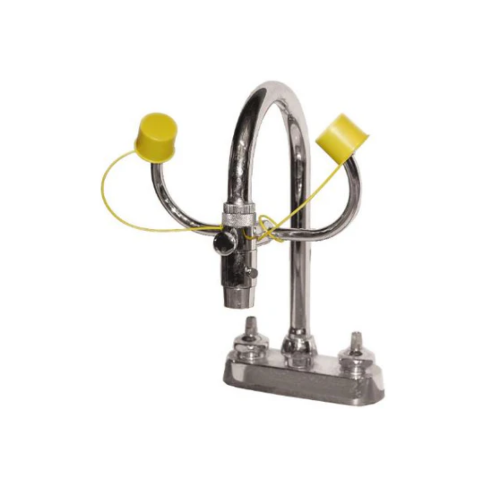The LEO L-12270 sink-type eye and facewash splashguard fixture mounted onto a standard laboratory faucet spout.