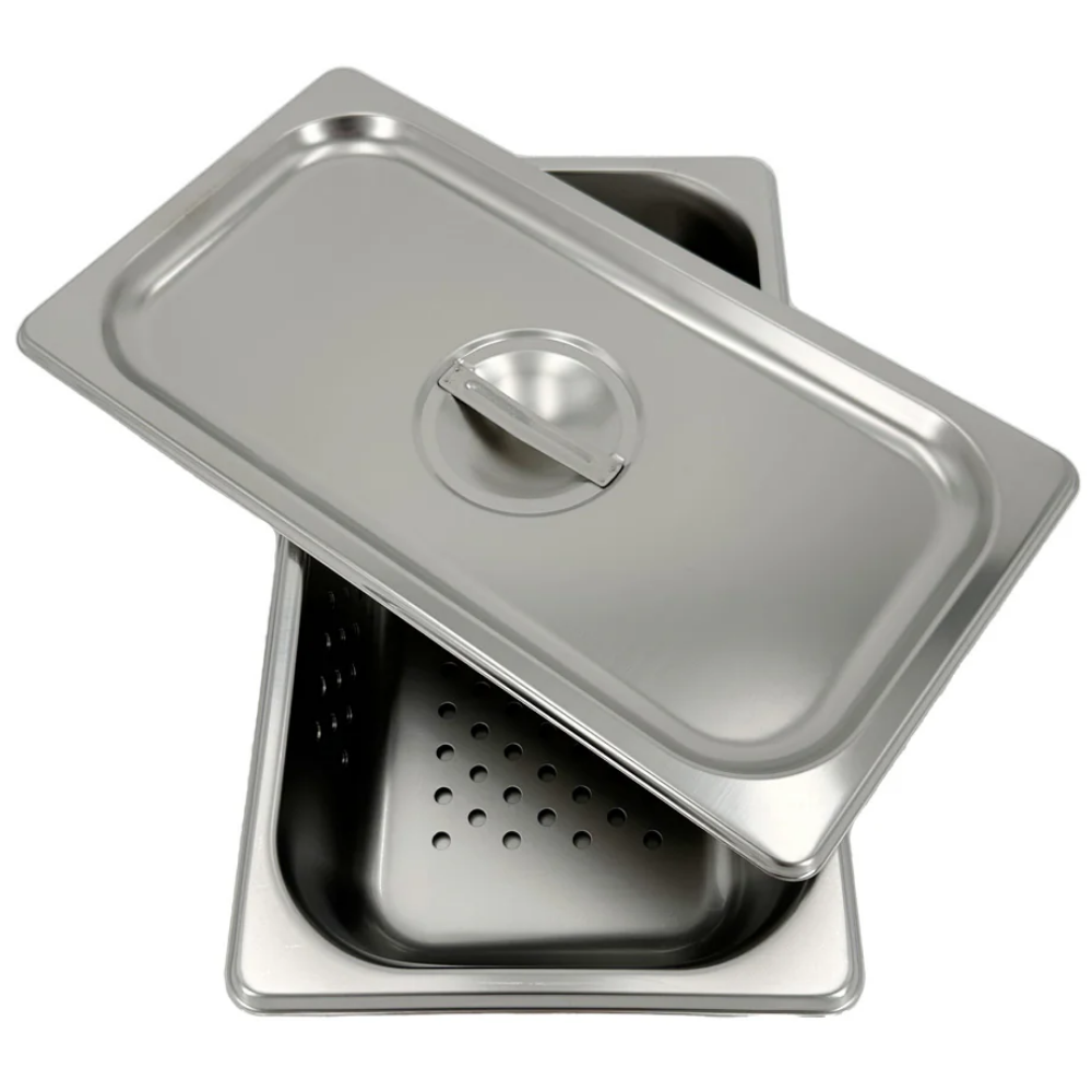 Isolated top-down studio view of the LEO L-12455 medical-grade stainless steel sterilizer tray with seamless rounded corners.