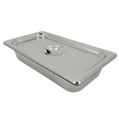 Front view of the LEO L-12455 stainless steel sterilizer instrument tray, showing its seamless rectangular construction and satin finish.