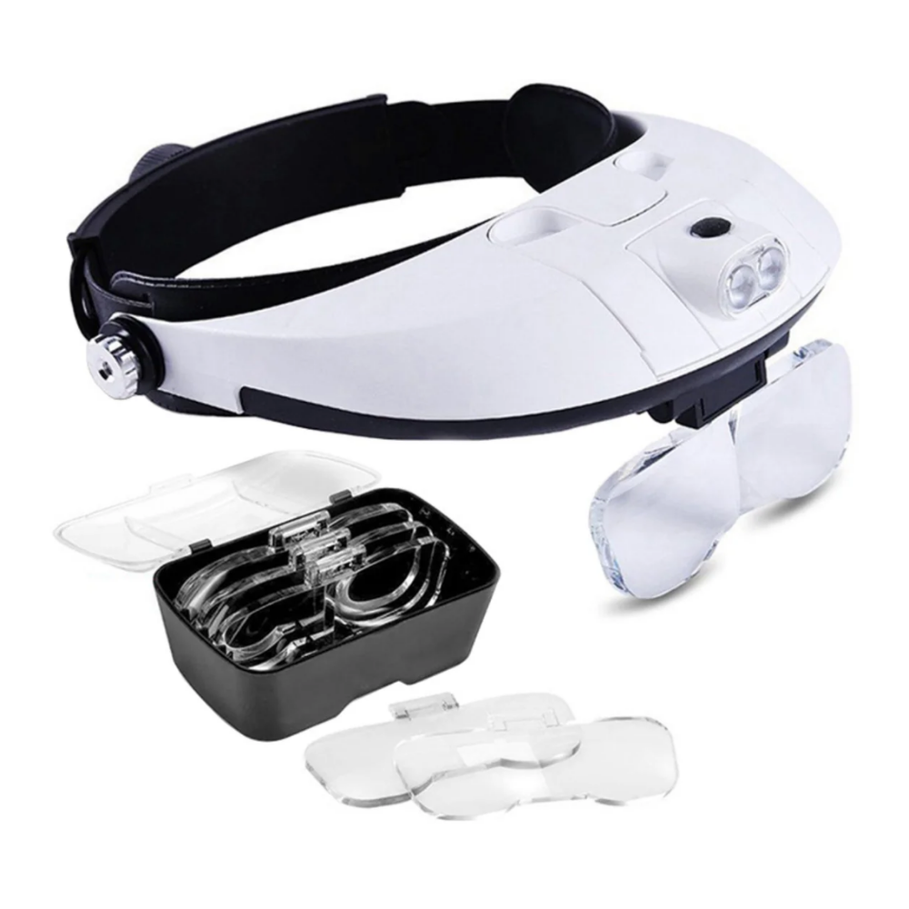 The LEO L-12504-1 hands-free magnifier headlamp fixture with an adjustable headband and mounted central LED light module.