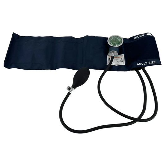 Front view of the LEO L-14-4500 manual aneroid sphygmomanometer blood pressure cuff with inflation bulb and precision gauge dial.