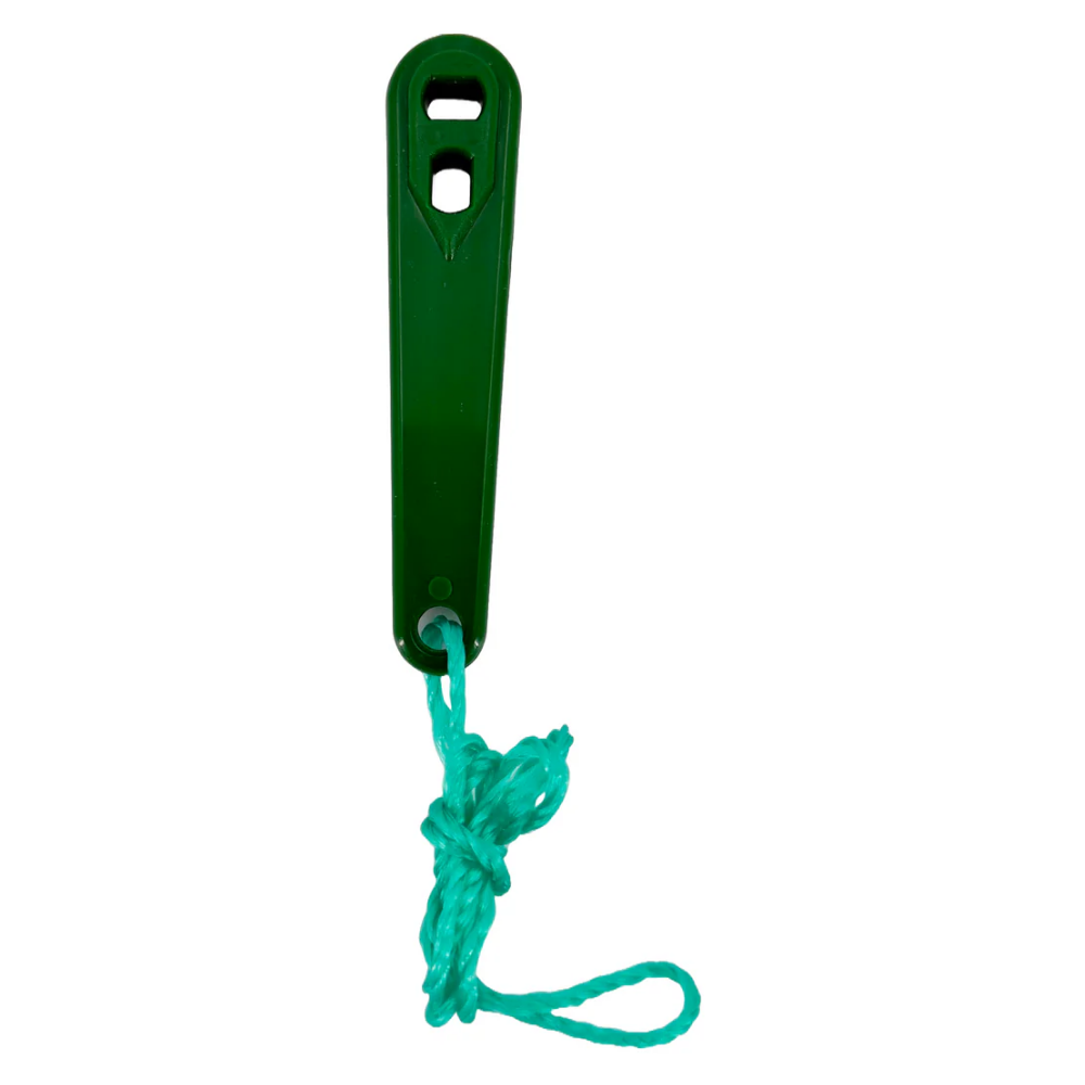 Vertical view of the green LEO L-5080 oxygen wrench featuring a pre-attached turquoise safety tether for secure handling on medical gas cylinders.