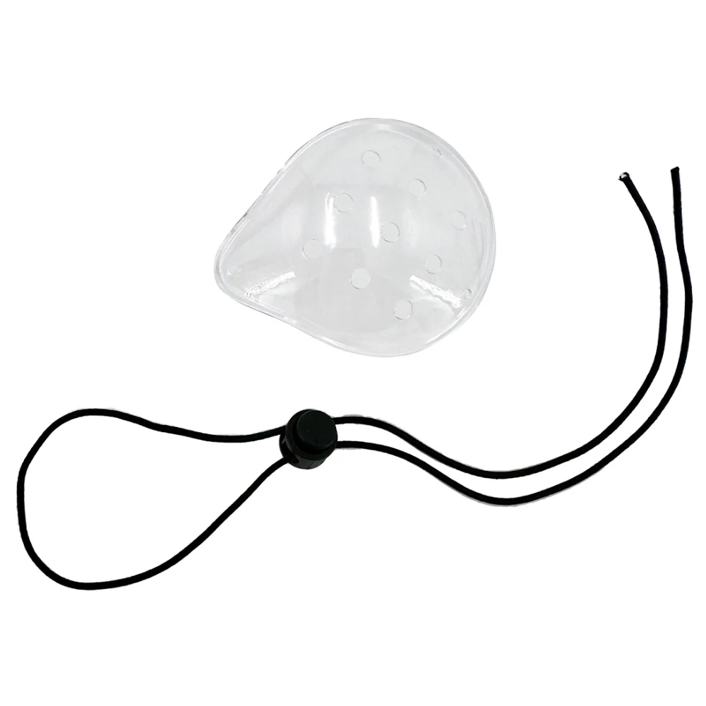The LEO L-9653 convex clear plastic medical eye shield featuring perimeter ventilation holes and slots for attachment straps.
