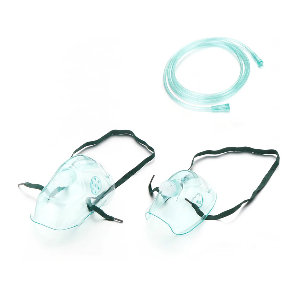 LEO L-12462 adult oxygen mask with 7ft tubing and adjustable elastic head straps.