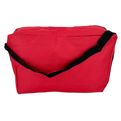 Front view of the large red LEO nylon emergency response first aid bag featuring dual white medical cross prints.