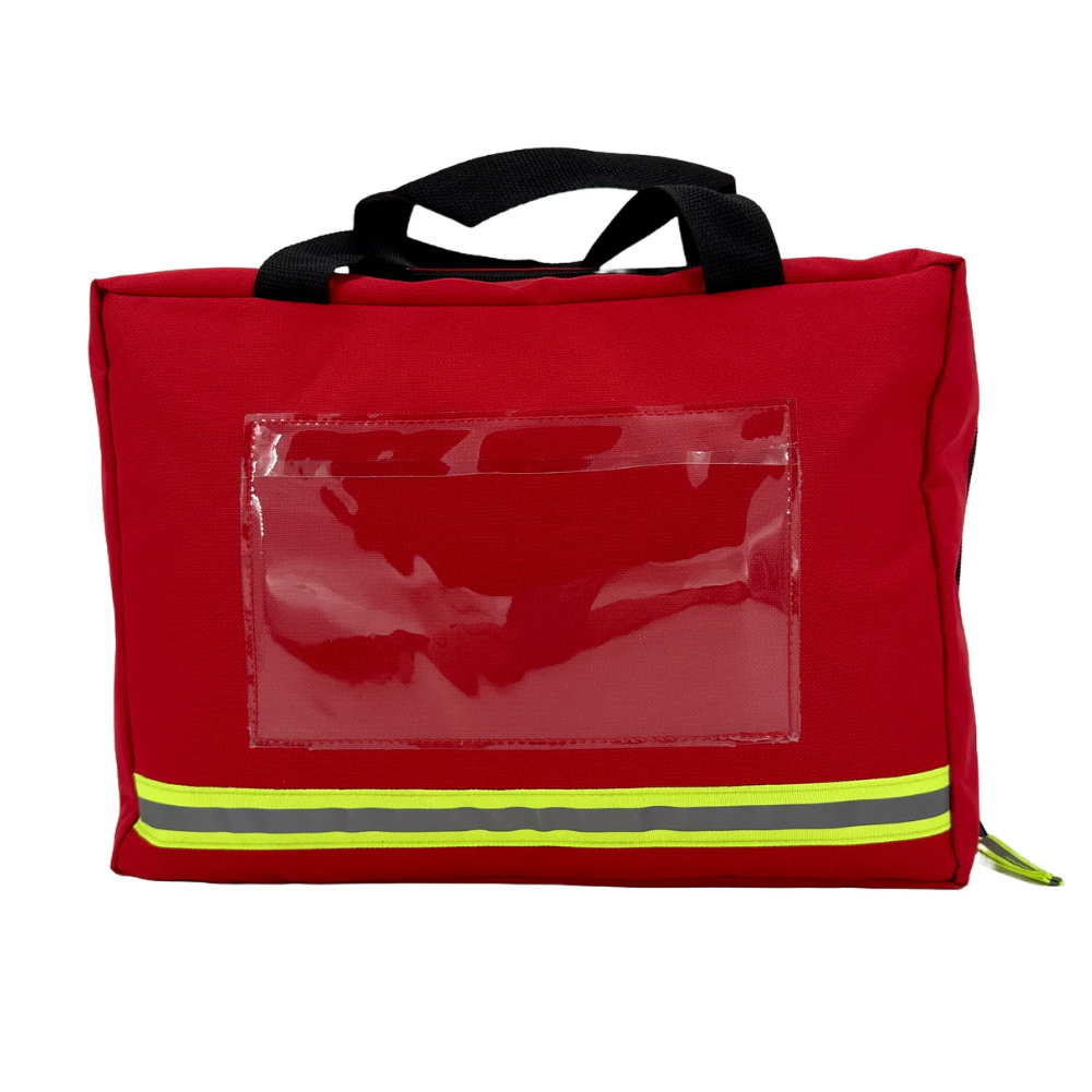 Front view of the large red LEO polyester medical first aid bag with white cross icon and zipper closure.