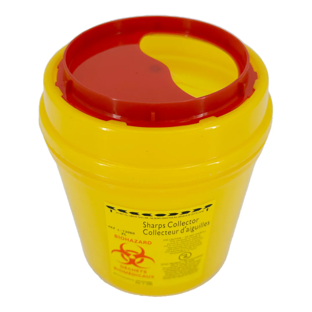 High-capacity LEO red sharps container for professional medical biohazard waste disposal.